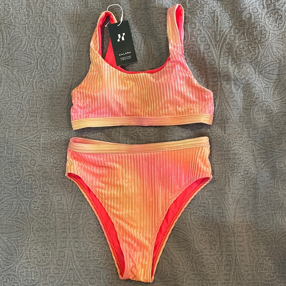 Shimmery orange bikini.